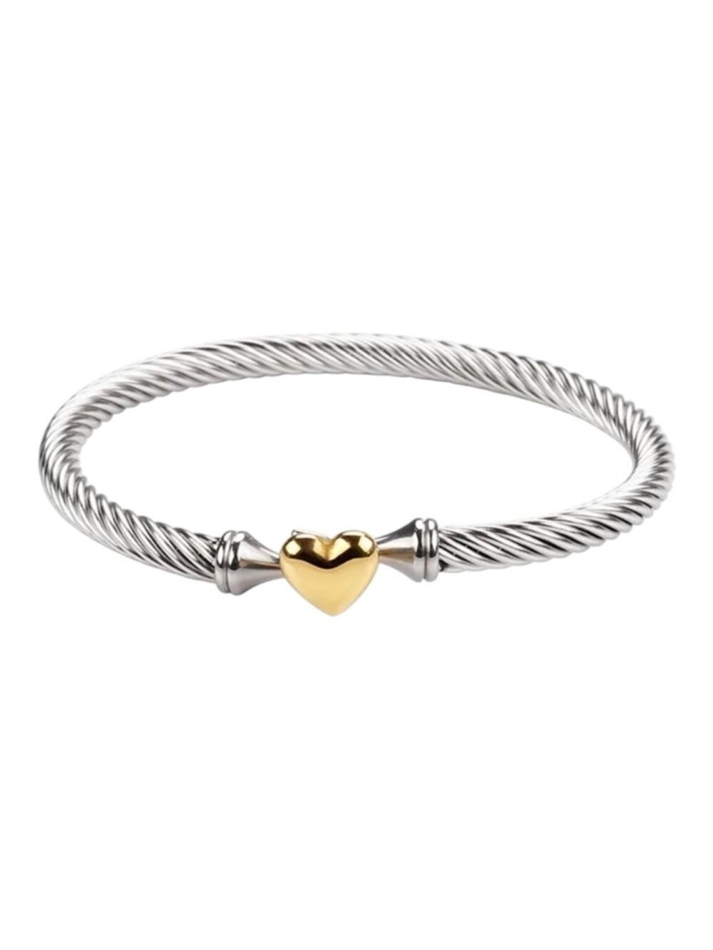 Silver Two Tone Twisted Cable Heart Bangle Bracelet